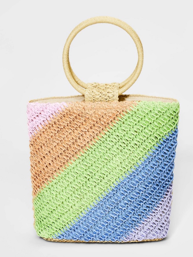 Art Class Pastel Striped Straw Woven Tote Hand Bag In Pink, Tan, Green, Blue,